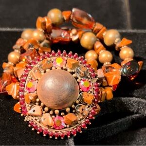 3 Stranded Stretchy Bracelet Connected to Top Beaded n Colored Stones Dome